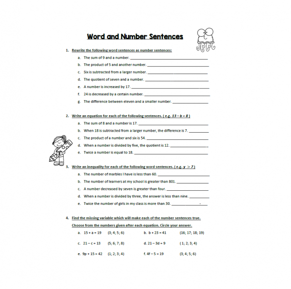 Word and Number Sentences Worksheet