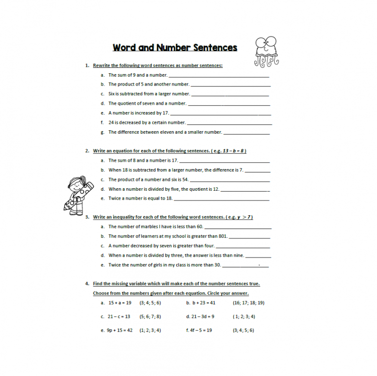 Word And Number Sentences Worksheet Learning With Mrs Du Preez