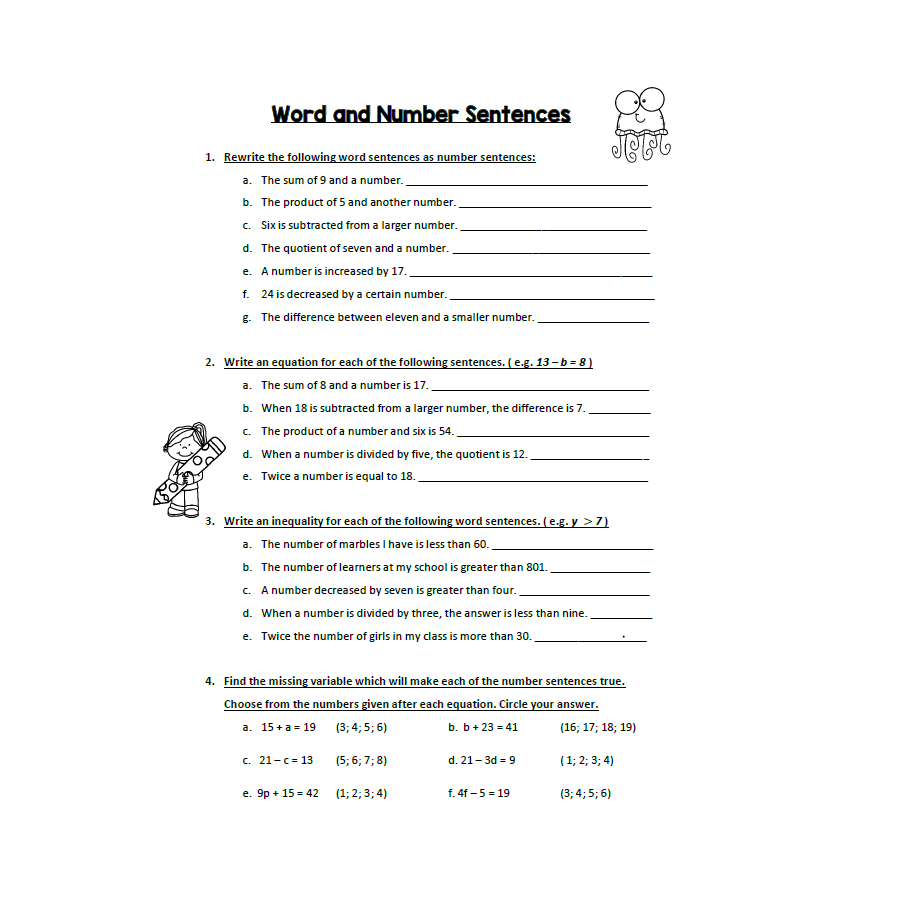 Writing Number Sentences Worksheets